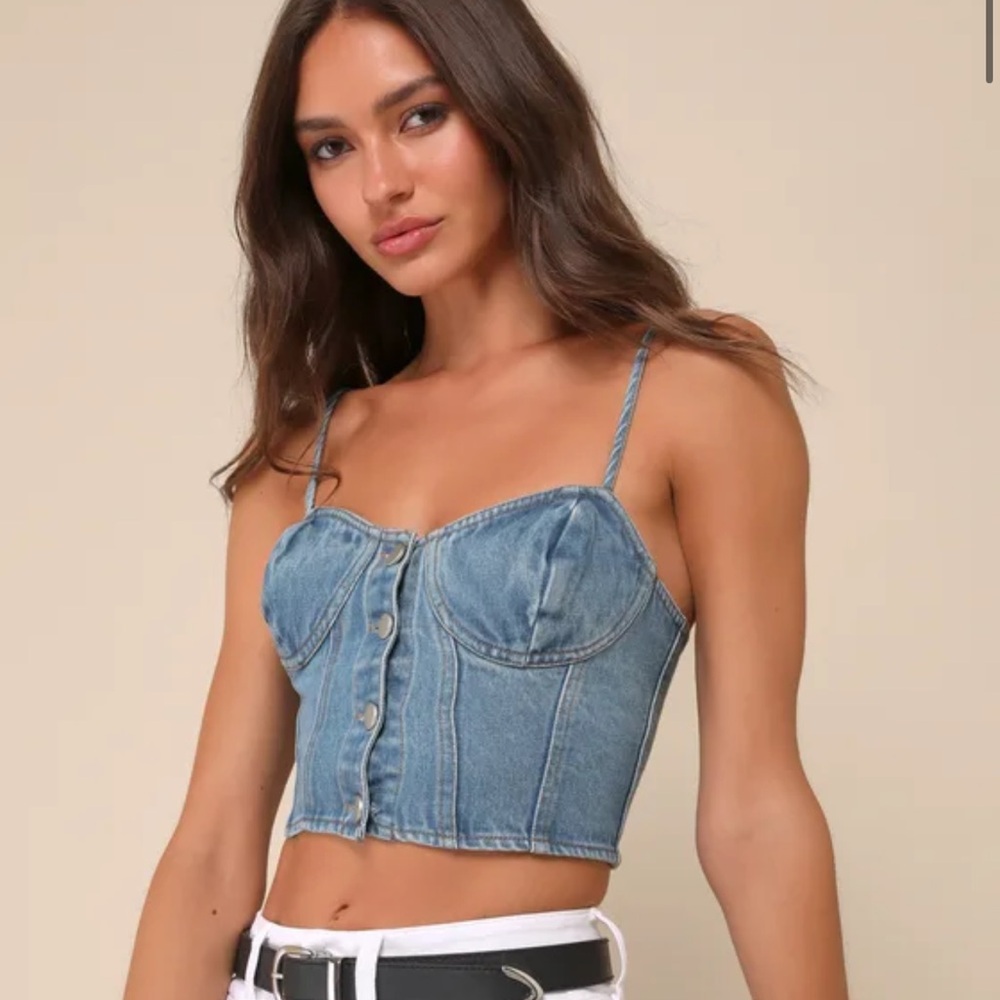 Lulus Flirty Daydream Medium Wash Denim Bustier Crop Top